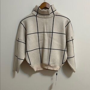 Chicwish Drop Shoulder Mock Neck Sweater Grid Windowpane Pullover Cream Black M